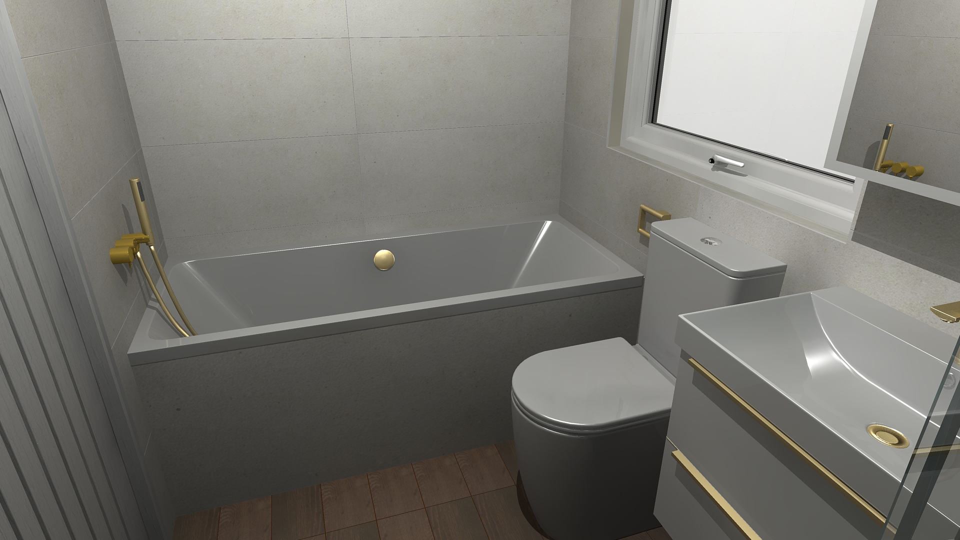 CAD bathroom design showing bath, toilet and vanity unit