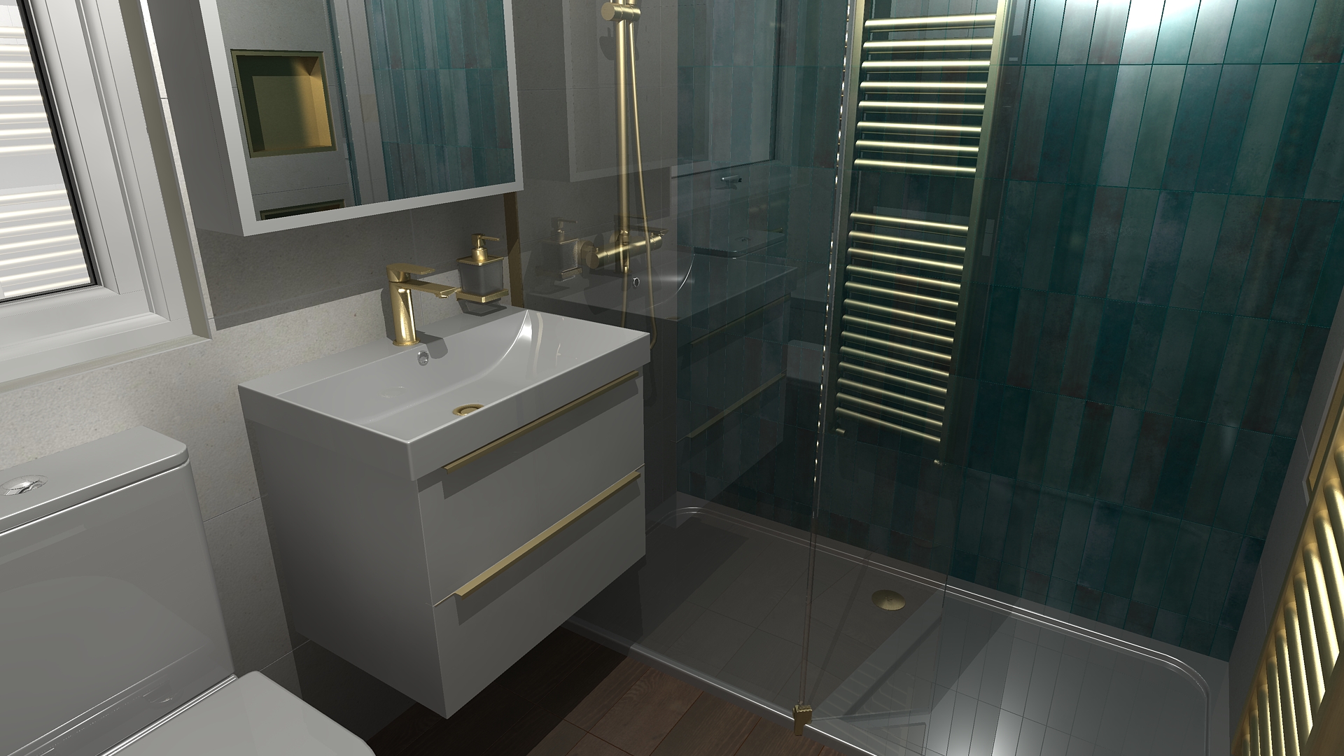 CAD bathroom design showing vanity unit, shower enclosure and feature tiles